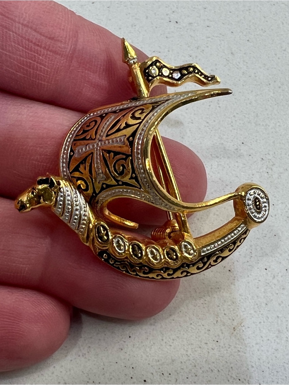 Vintage Damascene Galleon Sailing Ship Gold-tone Mark Spain Brooch Pin Jewelry
